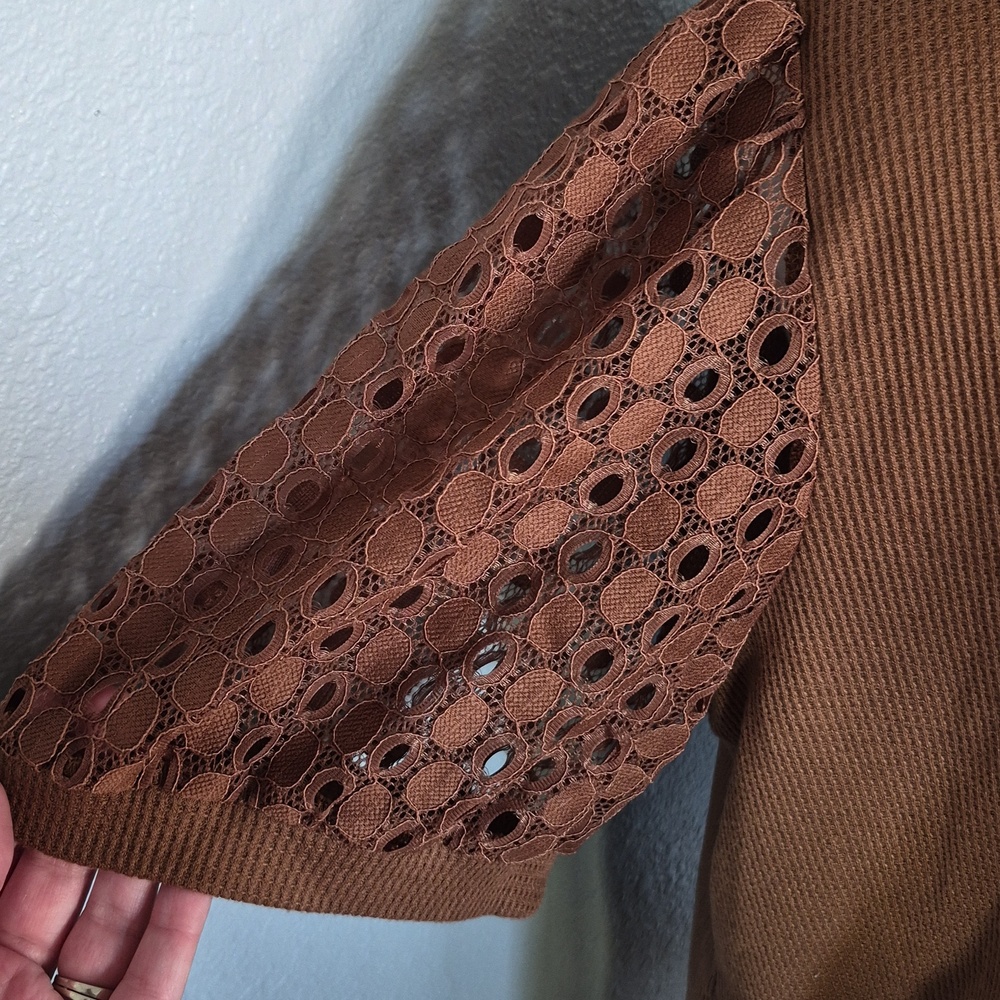 Plus Size V-Neck Brown Knit Top with Lace Sleeves | Size 2X - Picture 2 of 5